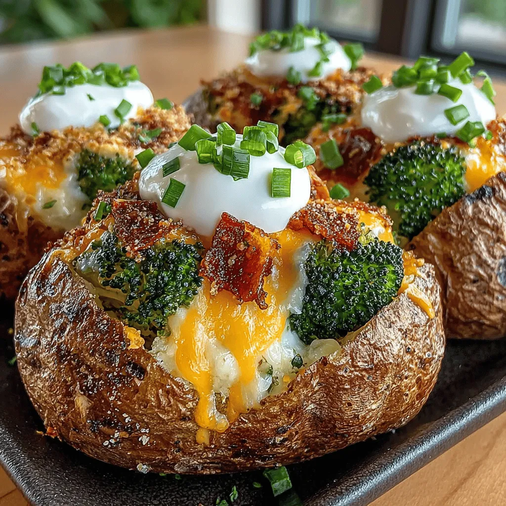 - 4 large russet potatoes - 2 cups broccoli florets (fresh or frozen) - 2 tablespoons unsalted butter - 2 tablespoons all-purpose flour - 2 cups milk (whole or 2%) - 2 cups shredded sharp cheddar cheese - 1 teaspoon garlic powder - 1 teaspoon onion powder - Salt and pepper to taste - ½ cup sour cream (optional, for serving) - 2 green onions, sliced (for garnish)