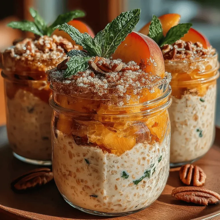Adding a final touch to your Peach Cobbler Overnight Oats can elevate not only the dish's aesthetic appeal but also its flavor profile. Fresh garnishes like peach slices and mint leaves are perfect for this purpose. Peach slices, with their juicy sweetness and vibrant color, add a fresh burst to the creamy oats. Mint leaves, on the other hand, introduce a refreshing contrast that brightens the dish, making it even more inviting. Whether you’re serving it for breakfast or a special brunch, these garnishes are simple yet effective ways to enhance the overall experience.