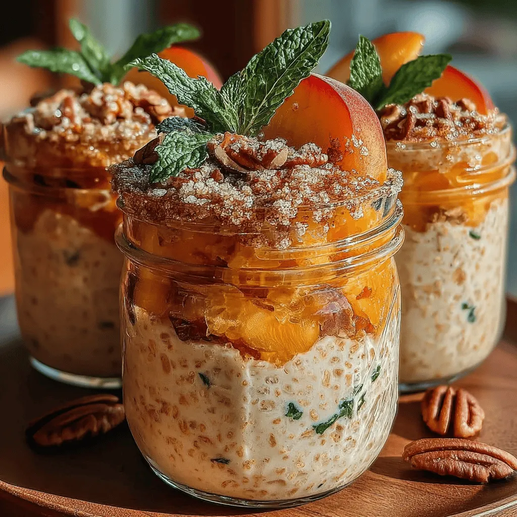 Adding a final touch to your Peach Cobbler Overnight Oats can elevate not only the dish's aesthetic appeal but also its flavor profile. Fresh garnishes like peach slices and mint leaves are perfect for this purpose. Peach slices, with their juicy sweetness and vibrant color, add a fresh burst to the creamy oats. Mint leaves, on the other hand, introduce a refreshing contrast that brightens the dish, making it even more inviting. Whether you’re serving it for breakfast or a special brunch, these garnishes are simple yet effective ways to enhance the overall experience.