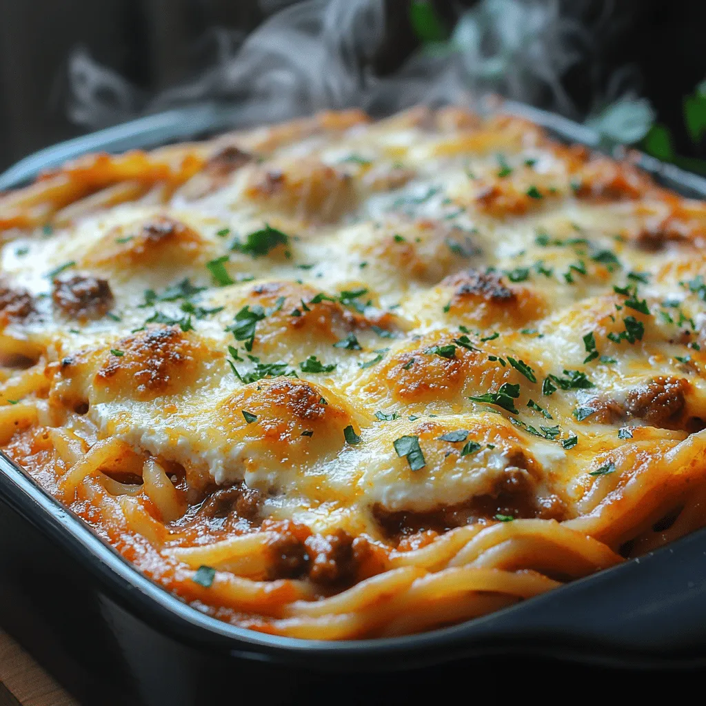 - 12 ounces of spaghetti - 1 tablespoon of olive oil - 1 medium onion, chopped - 3 cloves of garlic, minced - 1 pound of ground beef or turkey - 1 can (28 ounces) of crushed tomatoes - 2 tablespoons of tomato paste - 1 teaspoon of dried oregano - 1 teaspoon of dried basil - 1/4 teaspoon of red pepper flakes (optional) - Salt and pepper to taste - 15 ounces of ricotta cheese - 1 cup of shredded mozzarella cheese, divided - 1 cup of grated Parmesan cheese, divided - 1 large egg, beaten - Fresh parsley or basil for garnish (optional)