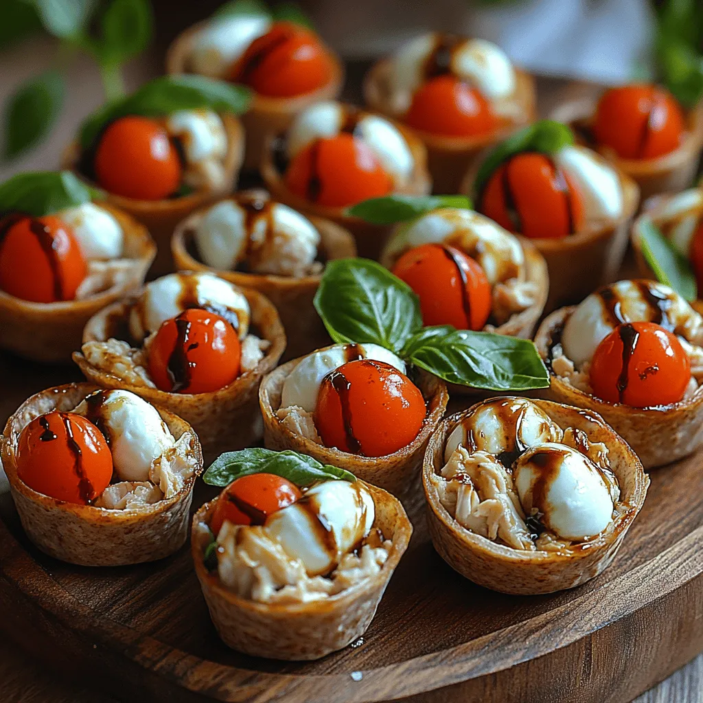 The Mini Caprese Chicken Wrap Bites are a delightful fusion of flavors, making them an ideal appetizer or light snack for any occasion. Combining the bright and fresh tastes of basil, juicy cherry tomatoes, creamy mozzarella, and perfectly seasoned chicken, these bites are not only visually appealing but also a treat for the palate. Wrapped snugly in a whole wheat or spinach tortilla, they provide a burst of flavor and nutrition in every bite. Whether you’re hosting a gathering, preparing a lunch for work, or simply looking for a satisfying snack, these wrap bites offer a versatile and healthy option that doesn't compromise on taste.