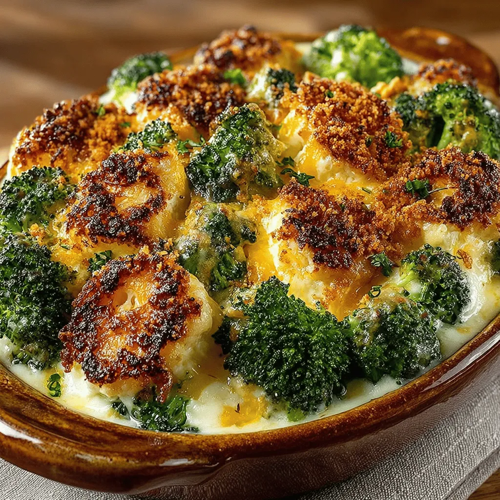 <strong>Introduction</strong>” /></p>
</p>
<h2>Transferring to the Casserole Dish</h2>
</p>
<p>Once your broccoli and cheese mixture is ready, it’s time to transfer it into a greased casserole dish. For a neat presentation, ensure that you use a spatula to scoop the mixture gently into the dish. Start by placing the mixture in the center and then spread it out evenly towards the edges. This will help achieve a uniform cooking surface, allowing every bite to be just as delicious as the last.</p>
</p>
<p><strong>Tips for a Neat Presentation:</strong></p>
<p>– Use a spatula to level the mixture in the dish, ensuring even cooking.</p>
<p>– If you prefer a layered look, alternate layers of the broccoli mixture and a sprinkle of cheese before topping with breadcrumbs.</p>
<p>– For a more visually appealing dish, consider using a clear glass casserole dish, which allows the vibrant greens of the broccoli to stand out against the creamy cheese sauce.</p>
</p>
<h2>Adding Toppings: The Impact of Cheese and Breadcrumbs on the Final Dish</h2>
</p>
<p>Toppings can significantly enhance the overall flavor and texture of your Cheesy Broccoli Bliss Casserole. Once the mixture is evenly spread in the casserole dish, it’s time to add your toppings.</p>
</p>
<p><strong>Cheese:</strong> A generous layer of cheese not only provides a rich flavor but also forms a bubbly, golden crust when baked. Opt for a blend of cheeses, such as sharp cheddar for its tanginess and mozzarella for its meltability. This combination will create a delightful contrast in texture.</p>
</p>
<p><strong>Breadcrumbs:</strong> Adding breadcrumbs before baking introduces a crunchy topping that complements the creamy casserole beneath. For an extra flavor boost, consider seasoning the breadcrumbs with garlic powder, Italian herbs, or even a sprinkle of paprika. If you seek a gluten-free option, use crushed gluten-free crackers or panko for the same satisfying crunch without the gluten.</p>
</p>
<h2>Baking the Casserole: What to Look for to Ensure It’s Perfectly Cooked</h2>
</p>
<p>Once your casserole is fully prepared with toppings, preheat your oven to 350°F (175°C) and place the dish in the center of the oven. Bake for about 25-30 minutes or until the casserole is bubbly and the cheese has melted and turned golden brown.</p>
</p>
<p><strong>Indicators of Perfect Cooking:</strong></p>
<p>– <strong>Bubbling Edges:</strong> Look for the edges of the casserole to be bubbling, indicating that the ingredients are thoroughly heated.</p>
<p>– <strong>Golden Brown Top:</strong> The breadcrumbs and cheese should develop a golden crust. If the top is browning too quickly, you can cover it loosely with aluminum foil to prevent burning while ensuring the inside continues to heat.</p>
<p>– <strong>Soft Vegetables:</strong> A fork should easily pierce through the casserole, ensuring the broccoli has cooked to a tender yet firm texture.</p>
</p>
<h2>Nutritional Benefits of the Ingredients</h2>
</p>
<p>Cheesy Broccoli Bliss Casserole isn’t just a delicious comfort food; it also boasts significant nutritional benefits thanks to its wholesome ingredients.</p>
</p>
<h3>Highlighting the Health Benefits of Broccoli</h3>
</p>
<p>Broccoli is often lauded as a superfood, rich in vitamins, minerals, and fiber. A single serving of broccoli contains high amounts of:</p>
<p>– <strong>Vitamin C:</strong> Essential for the immune system and skin health.</p>
<p>– <strong>Vitamin K:</strong> Important for bone health and blood clotting.</p>
<p>– <strong>Fiber:</strong> Aids in digestion and helps maintain a healthy weight.</p>
</p>
<p>Including broccoli in your diet can help support heart health and may even reduce the risk of chronic diseases.</p>
</p>
<h3>Discussing the Role of Dairy in a Balanced Diet</h3>
</p>
<p>The dairy components in this casserole, such as milk and cheese, contribute to a balanced diet by providing:</p>
<p>– <strong>Calcium:</strong> Crucial for strong bones and teeth.</p>
<p>– <strong>Protein:</strong> Necessary for muscle repair and overall body function.</p>
<p>– <strong>Vitamins A and D:</strong> Important for vision, immune function, and calcium absorption.</p>
</p>
<p>These nutrients combined with broccoli make this casserole a hearty and wholesome option for any meal.</p>
</p>
<h3>How the Combination of Ingredients Can Provide a Hearty Meal</h3>
</p>
<p>The combination of tender broccoli, creamy cheese, and crunchy breadcrumbs creates a satisfying dish that can stand alone or complement a larger meal. Each serving provides not just calories but a rich array of nutrients, making it an excellent choice for families seeking to nourish their bodies without compromising on flavor.</p>
</p>
<h2>Serving Suggestions</h2>
</p>
<p>When it comes to serving your Cheesy Broccoli Bliss Casserole, there are numerous options to elevate your meal.</p>
</p>
<h3>Ideas on How to Serve the Casserole</h3>
</p>
<p>– <strong>Pairing with Salads:</strong> A light green salad with vinaigrette can provide a refreshing contrast to the richness of the casserole. Consider arugula or spinach with a citrus dressing for brightness.</p>
<p>– <strong>Accompanying Proteins:</strong> This casserole pairs beautifully with grilled chicken or baked fish, adding a protein element to round out the meal.</p>
<p>– <strong>Complementary Side Dishes:</strong> Roasted or steamed vegetables can add variety and texture. Sweet potatoes or quinoa can also offer a hearty side that complements the creamy casserole.</p>
</p>
<h3>Discussing Portion Sizes and How It Works Well for Meal Prep</h3>
</p>
<p>Cheesy Broccoli Bliss Casserole is perfect for meal prep. It can be made in large batches and portioned out for easy lunches or dinners throughout the week. A standard serving size is about 1 cup, which is filling enough to keep you satisfied without being overly indulgent.</p>
</p>
<p>Consider storing leftovers in airtight containers for up to five days in the refrigerator, making it a convenient option for busy weekdays.</p>
</p>
<h2>Variations and Customizations</h2>
</p>
<p>One of the best aspects of casseroles is their versatility. You can easily adapt the Cheesy Broccoli Bliss Casserole to suit dietary preferences or to incorporate seasonal ingredients.</p>
</p>
<h3>Substituting Ingredients for Dietary Restrictions</h3>
</p>
<p>For those following specific diets:</p>
<p>– <strong>Gluten-Free Options:</strong> Use gluten-free breadcrumbs or crushed nuts for topping instead of traditional breadcrumbs.</p>
<p>– <strong>Dairy-Free Variations:</strong> Substitute regular cheese with dairy-free cheese alternatives and use almond or soy milk in place of regular milk for a lactose-free version.</p>
</p>
<h3>Adding Additional Vegetables or Proteins for a More Robust Meal</h3>
</p>
<p>Feel free to incorporate other vegetables such as cauliflower, carrots, or bell peppers for added nutrition and flavor. Adding cooked chicken, ground turkey, or even chickpeas can enhance the protein content, making it a more filling meal.</p>
</p>
<h3>Flavor Variations: Introducing Herbs and Spices for Different Profiles</h3>
</p>
<p>For a flavor twist, consider adding:</p>
<p>– <strong>Herbs:</strong> Dried oregano, thyme, or rosemary can infuse the casserole with aromatic flavors.</p>
<p>– <strong>Spices:</strong> A pinch of cayenne pepper or smoked paprika can add a delightful kick and complexity.</p>
</p>
<h2>Storing and Reheating</h2>
</p>
<p>Proper storage and reheating are crucial to maintaining the flavor and texture of your Cheesy Broccoli Bliss Casserole.</p>
</p>
<h3>Best Practices for Storing Leftovers</h3>
</p>
<p>Store leftovers in airtight containers to keep them fresh. Allow the casserole to cool completely before transferring it to the fridge. It can be kept for up to five days, making it a perfect make-ahead meal.</p>
</p>
<h3>How to Reheat to Maintain Texture and Flavor</h3>
</p>
<p>To reheat, preheat your oven to 350°F (175°C), cover the casserole with aluminum foil, and heat for about 20-25 minutes or until warmed through. If you prefer using a microwave, heat individual portions on medium power, stirring halfway through to ensure even heating. However, the oven method helps retain the crispy topping better.</p>
</p>
<h2>Conclusion</h2>
</p>
<p>The Cheesy Broccoli Bliss Casserole is not only a comforting and indulgent dish but also a nutrient-packed meal that can easily become a family favorite. Its ease of preparation and adaptability make it a go-to recipe for busy weeknights or cozy weekends.</p>
</p>
<p>With its rich flavors, satisfying textures, and the joy of cooking, this casserole is perfect for sharing with loved ones around the dinner table. Whether enjoyed fresh from the oven or as a flavorful leftover, it’s a dish that warms both the heart and the palate. So, gather your ingredients, embrace the process of cooking, and enjoy the delightful experience of creating and sharing this wholesome meal with your family.</p>
</div>
