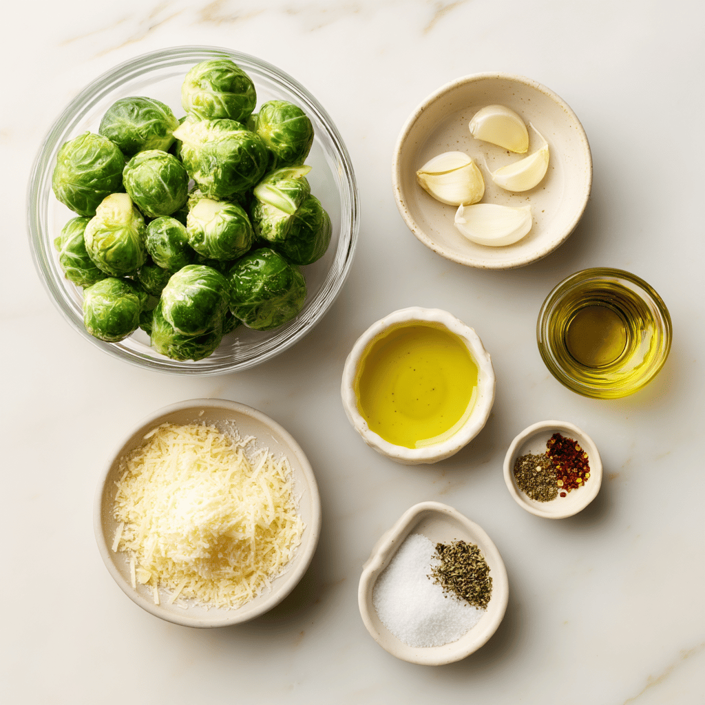 Ingredients for Crispy Garlic Parmesan Brussels Sprouts in a Snap